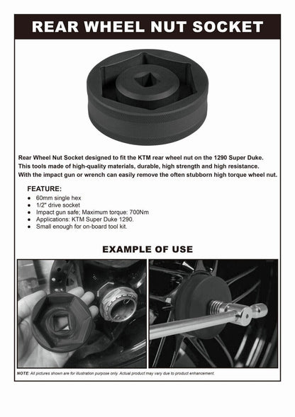 60mm Rear Wheel Axle Nut Socket Tool For KTM Super Duke 1290/1290R, 1/2 Drive